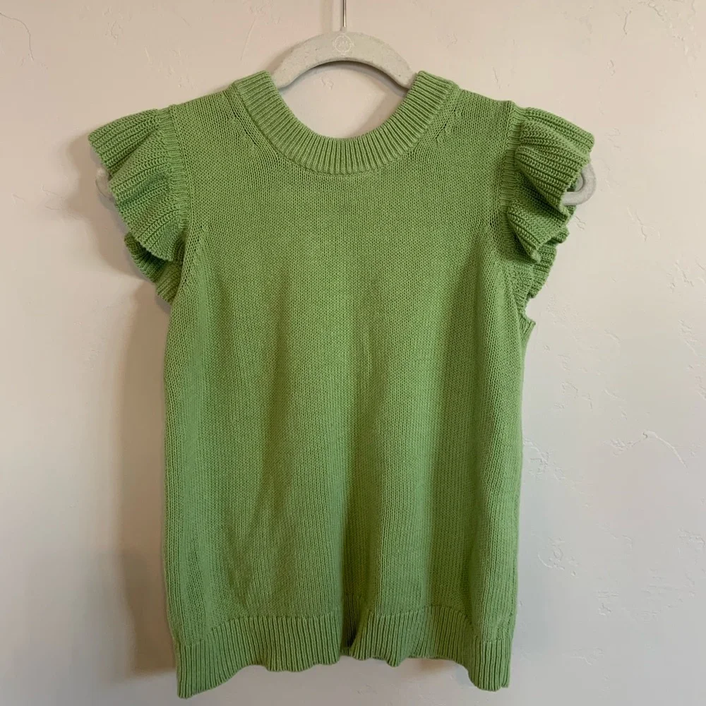 LOFT Preppy Feminine Green Office Core Spring/Summer Ruffle Frilly Knit Tank XS - Picture 2 of 5